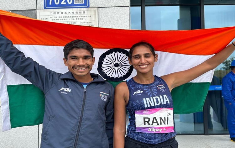 Union Minister Anurag Singh Thakur congratulates Ram Baboo & Manju Rani on winning bronze medal in 35 km Race Walk Mixed Team event at Asian Games