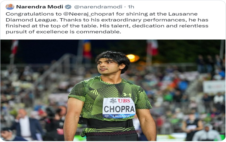 PM Modi congratulates Neeraj Chopra for his stellar performance at Lausanne Diamond League