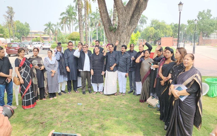 Opposition parties continued their protest in parliament house complex over suspension of AAP MP Sanjay Singh and Manipur issue