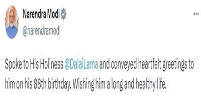 PM Modi greets Dalai Lama on his 88th birthday