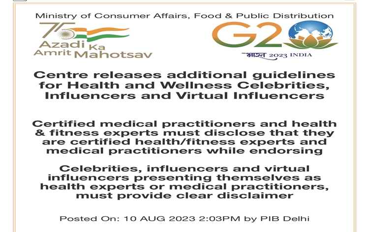 Disclosure and disclaimer are must for celebrities and virtual influencers presenting themselves as health experts: Govt