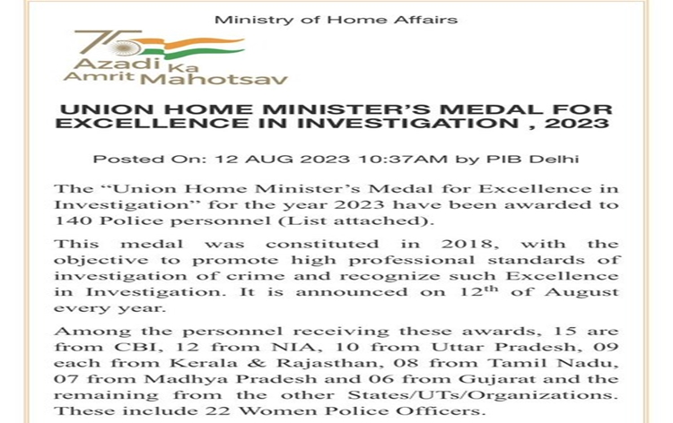 140 police officers selected for Union Home Minister's Medal for Excellence in Investigation