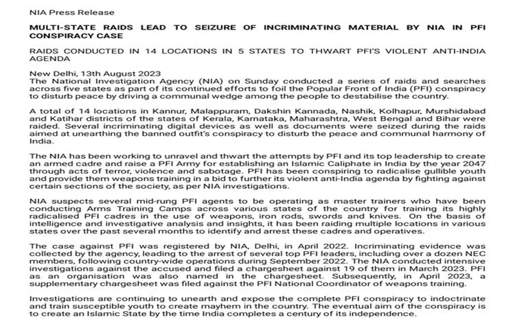 NIA carries out raids in 5 states in PFI conspiracy case
