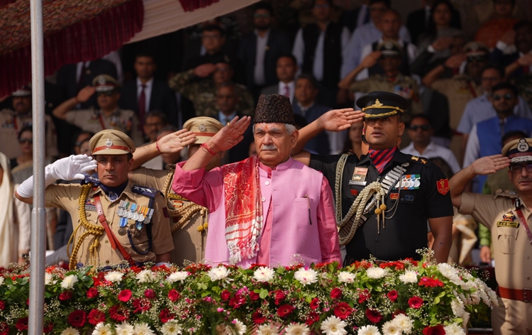Lt Governor Manoj Sinha hoists tricolour on 77th Independence Day celebrations at Bakshi Stadium in Srinagar