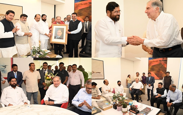 CM Eknath Shinde presents Maharashtra Government's first 'Udyog Ratna' award for outstanding work in industry sector to veteran entrepreneur Padma Vibhushan Ratan Tata