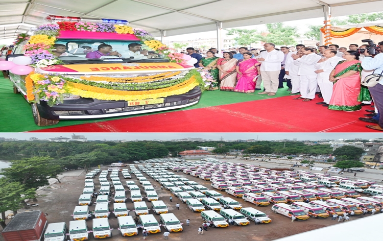 Telangana CM  K Chandrasekhar Rao flags off fleet of 466 new vehicles with advanced facilities in Hyderabad