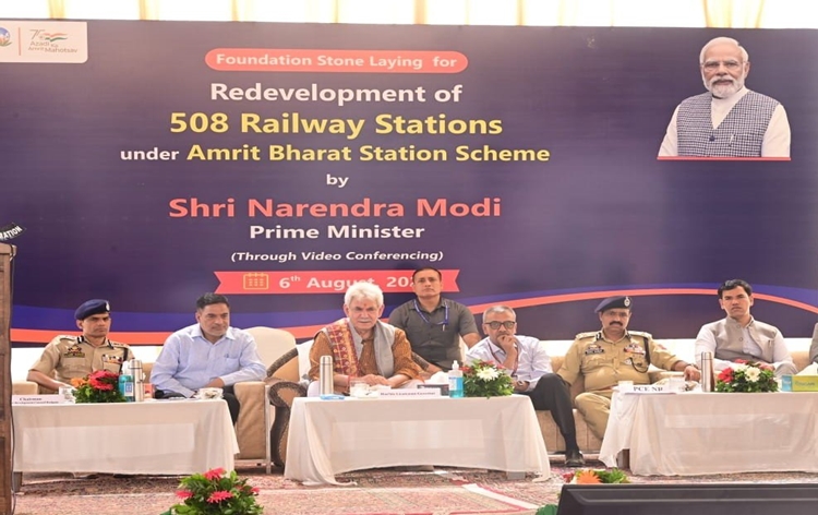 J&K Lt. Governor Manoj Sinha attends launch of Amrit Bharat Station Scheme at Budgam Railway station in Kashmir Valley today