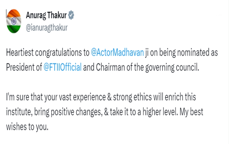 I&B Ministry Anurag Thakur congratulates R.Madhavan on being nominated as President of FTI