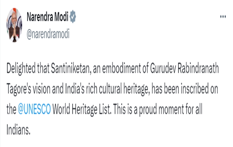 शांति निकेतन यूनेस्‍को की विश्‍व धरोहर सूची में शामिल, प्रधानमंत्री नरेन्‍द्र मोदी ने राष्‍ट्र को शुभकामनाएं दीं