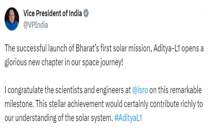 VP Jagdeep Dhankhar congratulates scientists and engineers at ISRO for successful launch of Aditya -L1