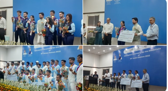 Sports Minister Anurag Thakur felicitated medalists from Cricket, Rowing & Shooting contingents from 19th Asian Games in New Delhi